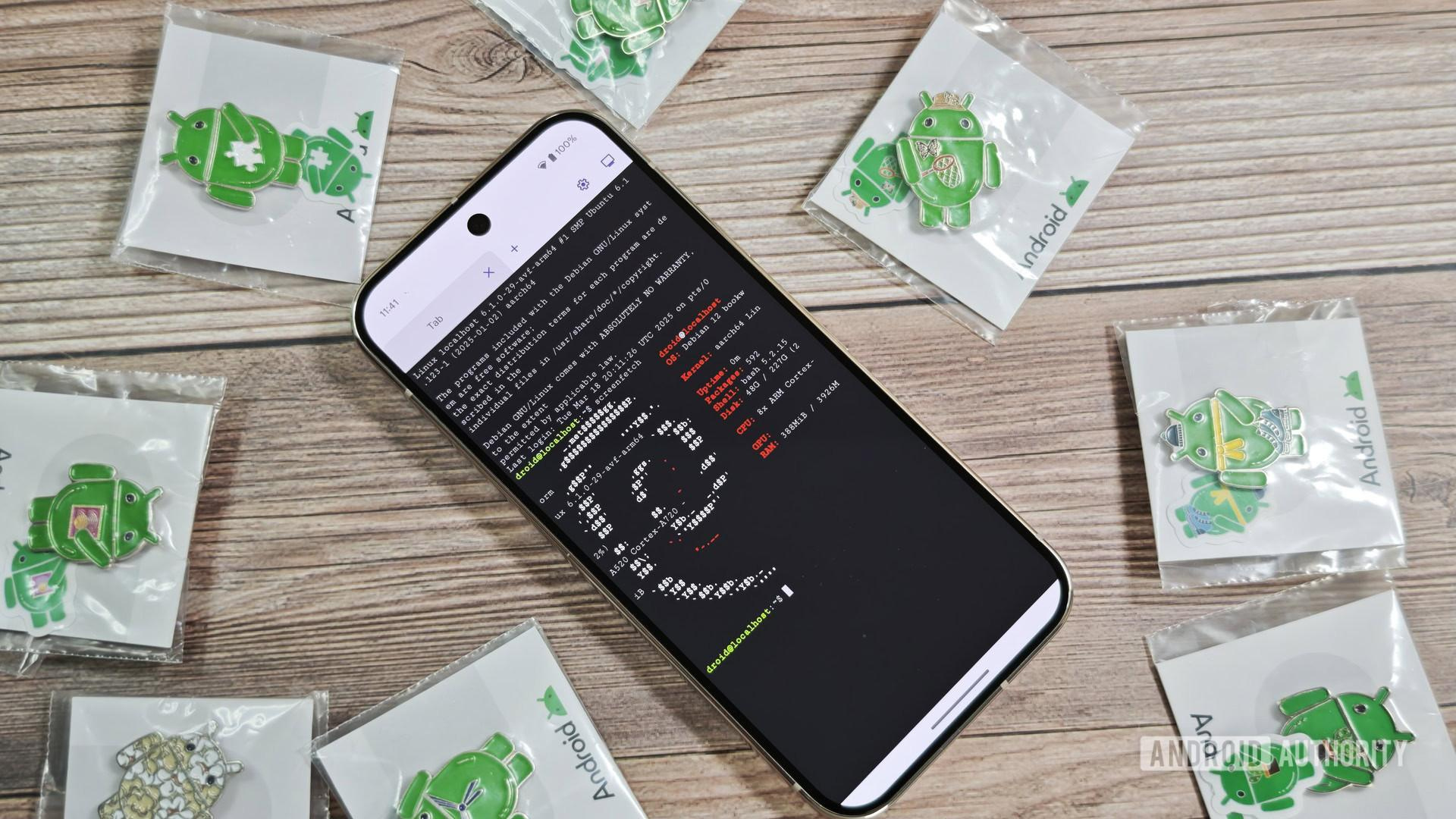 Linux Terminal app on Pixel surrounded by Android pins Linux Terminal app on Pixel surrounded by Android pins